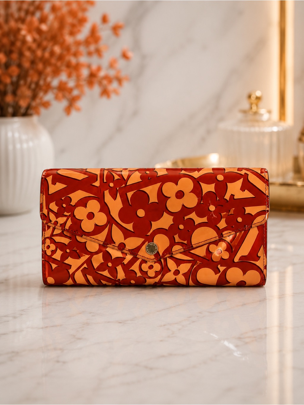 Louis Vuitton Red & Beige Vernis Floral Patent Sarah Wallet | Full Inclusion